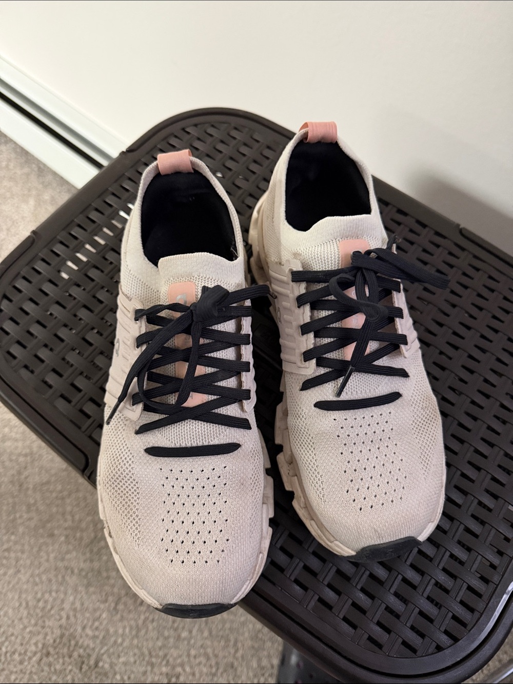 Neutral Knit Lace-Up Sneakers with Pink Accent